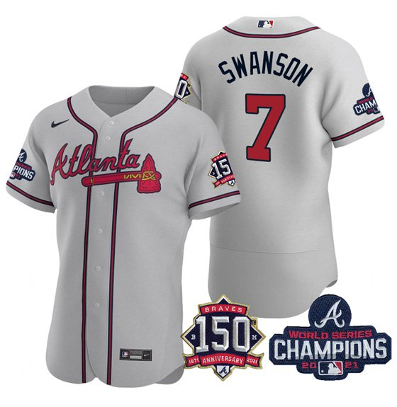 Men's Atlanta Braves #7 Dansby Swanson 2021 Grey World Series Champions With 150th Anniversary Flex Base Stitched Jersey